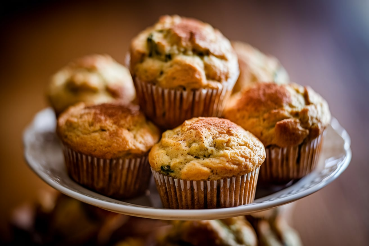 Freshly baked Banana Zucchini Muffins cooling on a wire rack.