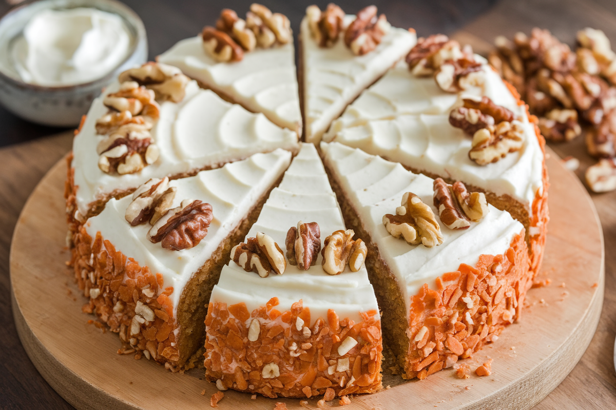 "A slice of carrot cake on a plate, showcasing the cream cheese frosting and visible grated carrots inside the cake."