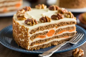 "A slice of carrot cake on a plate, showcasing the cream cheese frosting and visible grated carrots inside the cake."