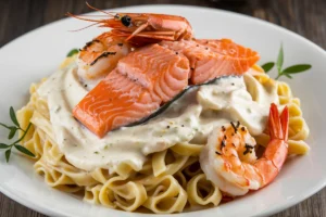 "Salmon and Shrimp Alfredo pasta served in a white bowl with a creamy Alfredo sauce."