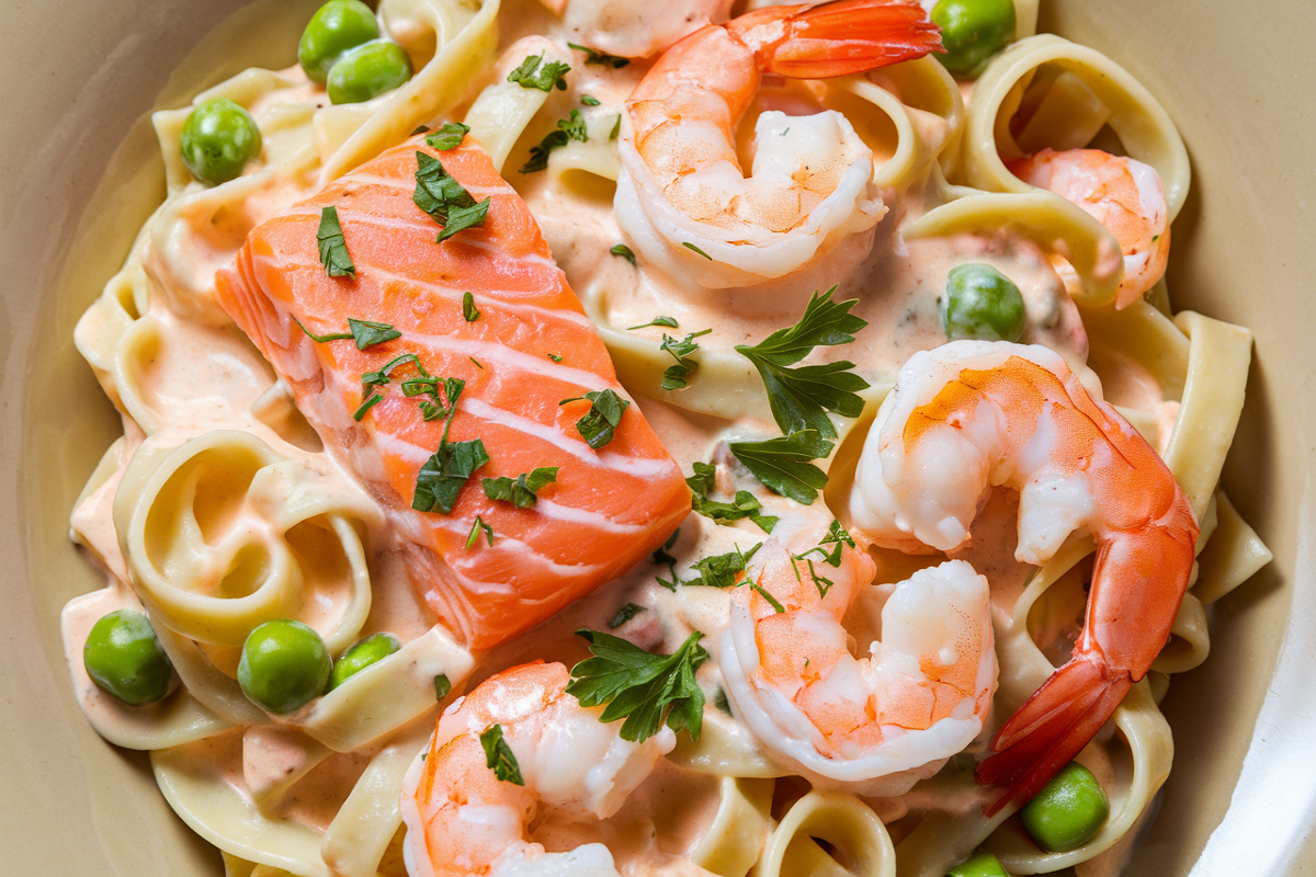 "Salmon and Shrimp Alfredo pasta served in a white bowl with a creamy Alfredo sauce."