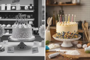 A birthday cake with candles and decorations on a table