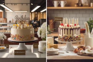 A birthday cake with candles and decorations on a table