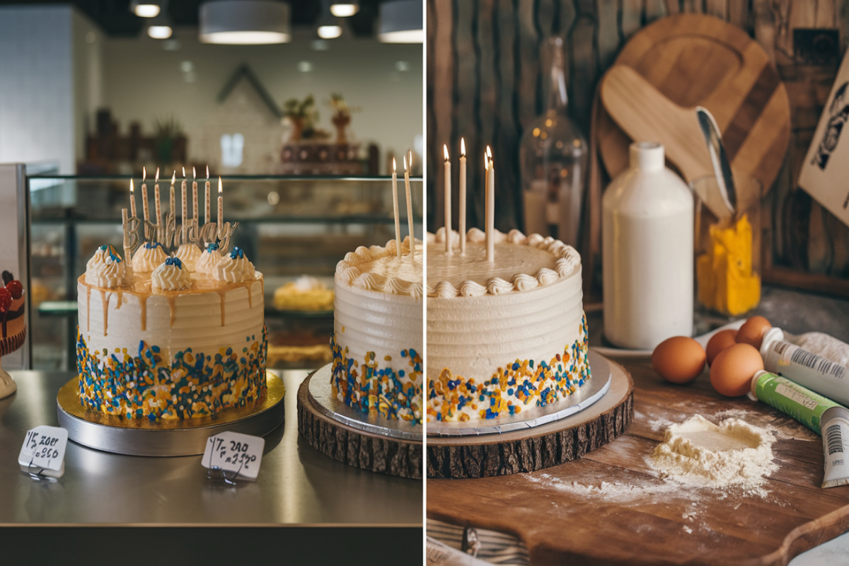 A birthday cake with candles and decorations on a table