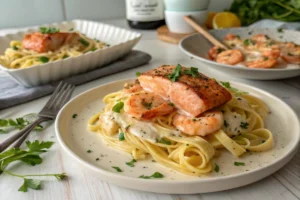 Close-up of tender salmon chunks and shrimp in a rich Alfredo sauce over fettuccine pasta.