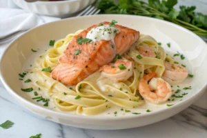 Creamy Salmon and Shrimp Alfredo served in a white bowl with fresh parsley garnish.