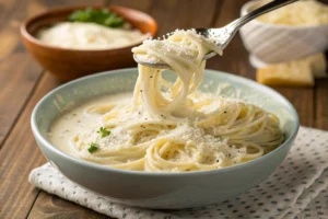 A bowl of creamy Alfredo sauce-coated spaghetti, garnished with grated Parmesan cheese and fresh parsley. A fork lifts a portion of the pasta, showcasing its rich texture. In the background, there are additional bowls containing more Alfredo sauce and Parmesan cheese.