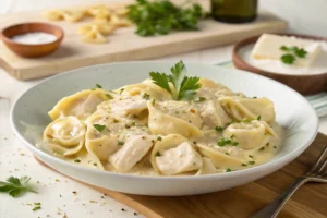 A plate of Chicken Tortellini Alfredo featuring ring-shaped tortellini pasta and tender chicken pieces in a creamy Alfredo sauce, garnished with fresh parsley. The dish is served on a white plate, accompanied by a small bowl of grated Parmesan cheese and a wooden cutting board with additional ingredients in the background.