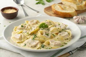 A plate of Chicken Tortellini Alfredo, featuring ring-shaped tortellini pasta and tender chicken pieces in a creamy Alfredo sauce, garnished with fresh parsley. Served alongside slices of garlic bread and a small bowl of grated Parmesan cheese.