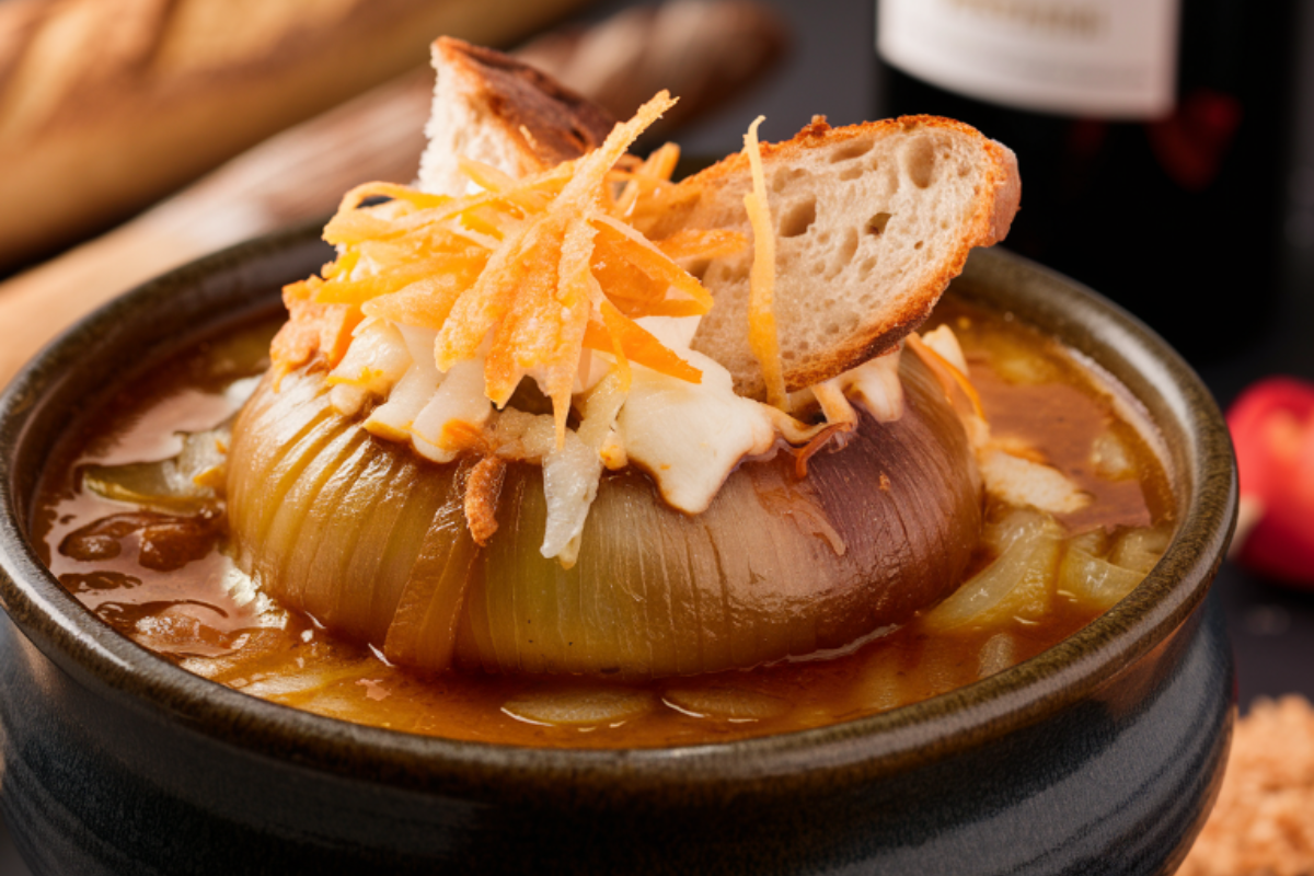 "A steaming bowl of French onion soup with melted cheese and bread"