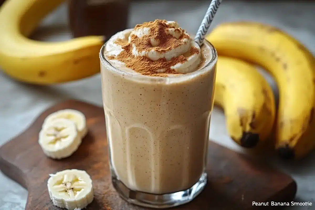 A creamy peanut butter banana smoothie in a glass, topped with banana slices and a drizzle of peanut butter.