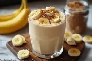 A creamy peanut butter banana smoothie in a glass, topped with banana slices and a drizzle of peanut butter.