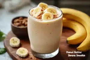 A creamy peanut butter banana smoothie in a glass, topped with banana slices and a drizzle of peanut butter.