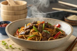 A close-up of sticky beef noodles with vibrant red bell peppers, carrots, and juicy beef slices, coated in a rich, flavorful sauce. Steam rises from the dish, highlighting its fresh and hot serving.