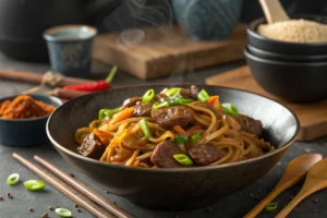 Steaming sticky beef noodles with tender beef slices, bell peppers, and carrots, served in a dark bowl with fresh green onions on top. The background includes rustic Asian-inspired tableware and seasonings.