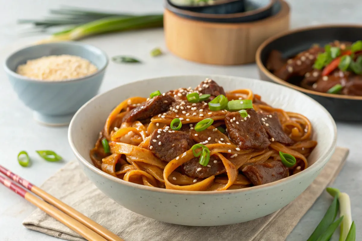 A bowl of sticky beef noodles coated in a glossy sweet and savory sauce, garnished with sesame seeds and fresh green onions. Served with chopsticks on a neutral background with side dishes in the frame.