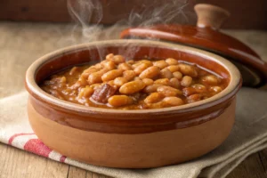 A rustic bowl of baked beans with a golden-brown crust, served in a traditional clay pot.