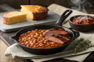 Baked beans in a cast-iron skillet, paired with grilled meats and cornbread.