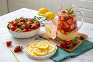 "Freshly blended strawberry puree being poured into a large pitcher of lemonade, with sliced lemons and strawberries in the background.