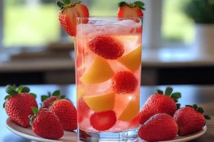 "Two mason jars filled with ice-cold strawberry lemonade, topped with fresh strawberries and lemon wedges, placed on a rustic wooden table.