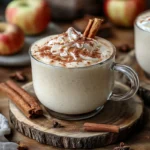 A warm Apple Pie Smoothie in a glass mug, topped with whipped cream, cinnamon, and a cinnamon stick, surrounded by apples and spices.