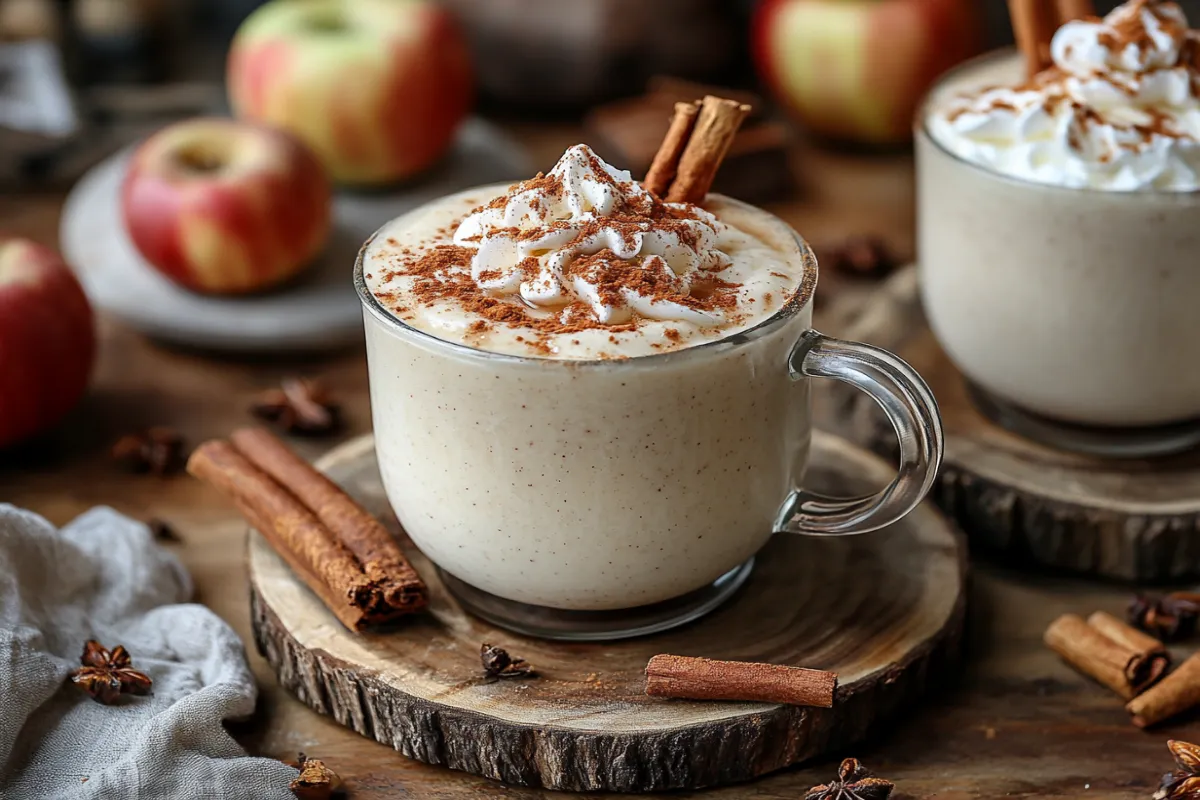 A warm Apple Pie Smoothie in a glass mug, topped with whipped cream, cinnamon, and a cinnamon stick, surrounded by apples and spices.