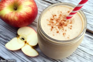 A mason jar filled with a spiced Apple Pie Smoothie, garnished with cinnamon and a red-and-white straw, next to fresh apple slices