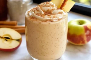 A creamy Apple Pie Smoothie in a glass, topped with whipped cream, cinnamon, and apple slices, with cinnamon sticks in the background.