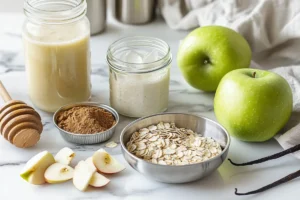 Fresh green apples, oats, cinnamon, honey, vanilla, and almond milk arranged on a marble countertop for an Apple Pie Smoothie recipe.