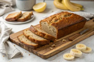 A freshly baked loaf of 4-ingredient banana bread on a wooden cutting board, sliced and ready to serve