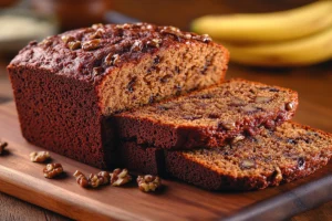 A slice of moist 4-ingredient banana bread with melted butter on top, highlighting its rich texture