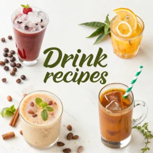 Drink Recipes text centered on a white background, surrounded by images of different beverages like cocktails, smoothies, and coffee.