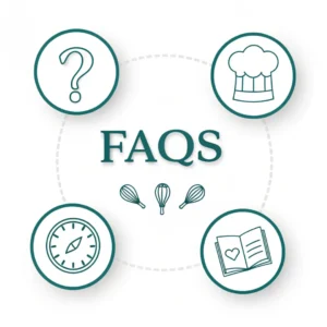Recipe FAQs text centered on a white background, surrounded by cooking and question-related icons.